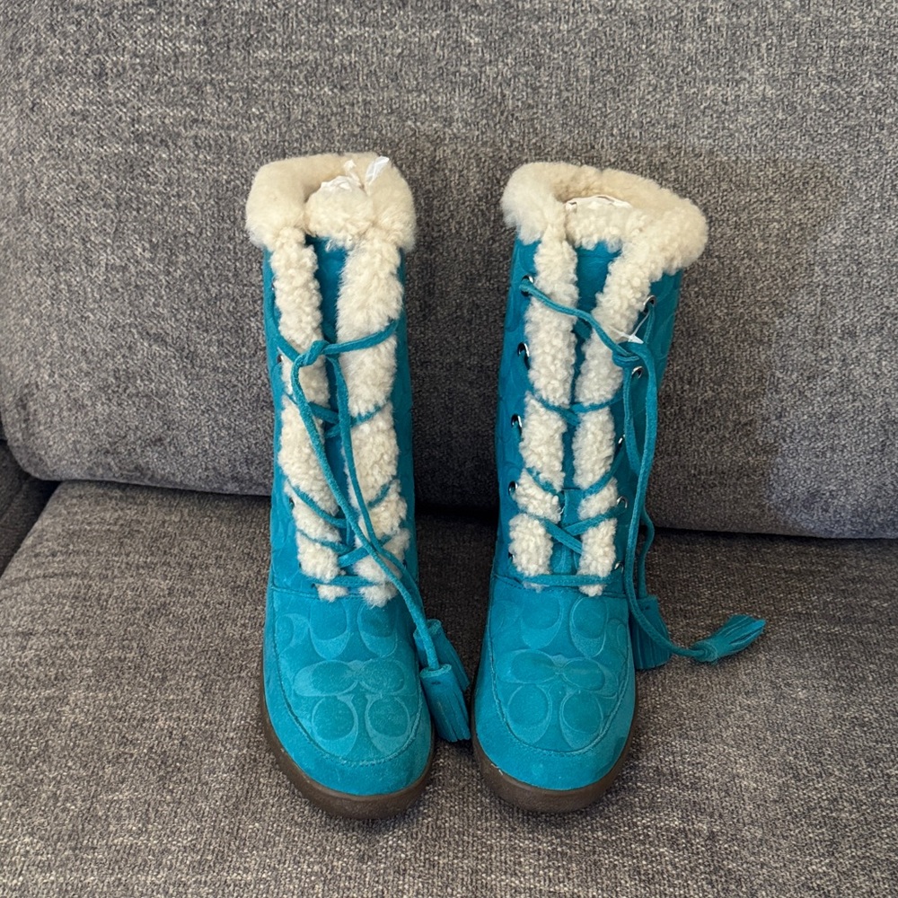 Coach Teal Lace-Up Shearling-Trim Boots